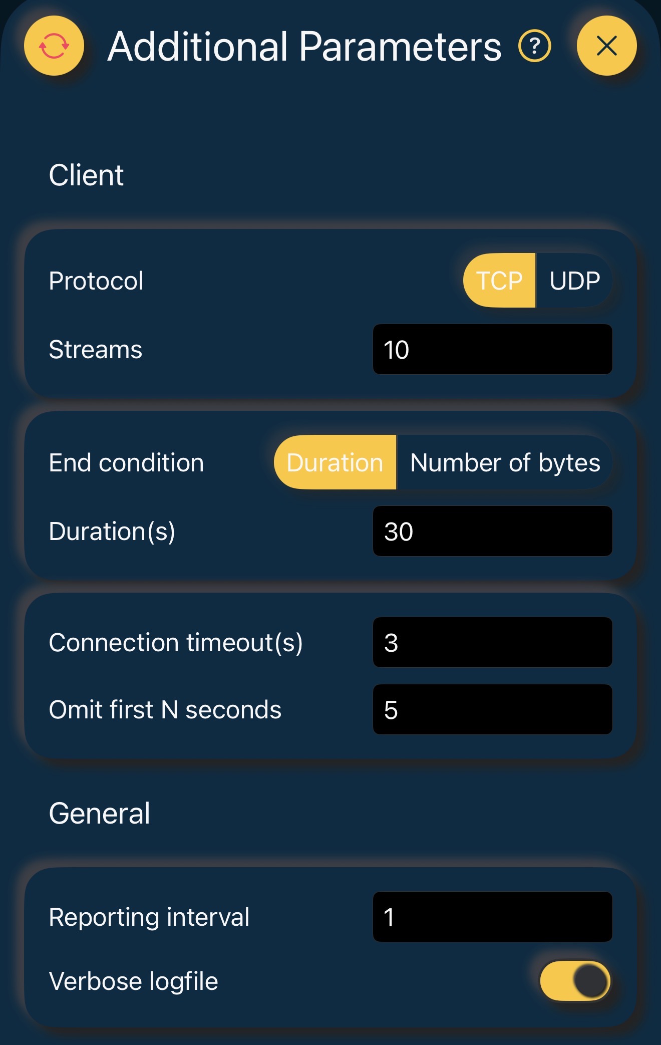 iPerfman main screen — server address, port, role and transmit mode settings